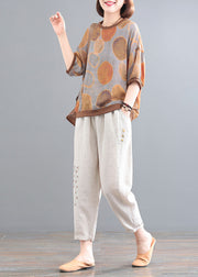 Chocolate Print Linen Tanks And Pants Two Pieces Set O-Neck Embroidered Summer
