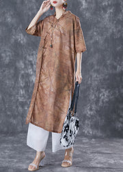 Coffee Print Oriental Linen Long Dresses V Neck Side Open Summer