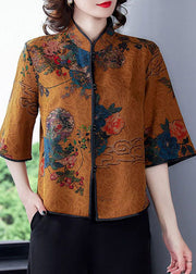 Seidenhemden im chinesischen Stil mit Kaffeedruck Stehkragen Halbarm