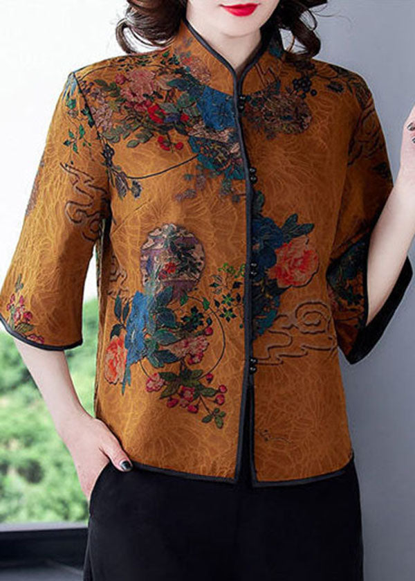 Seidenhemden im chinesischen Stil mit Kaffeedruck Stehkragen Halbarm