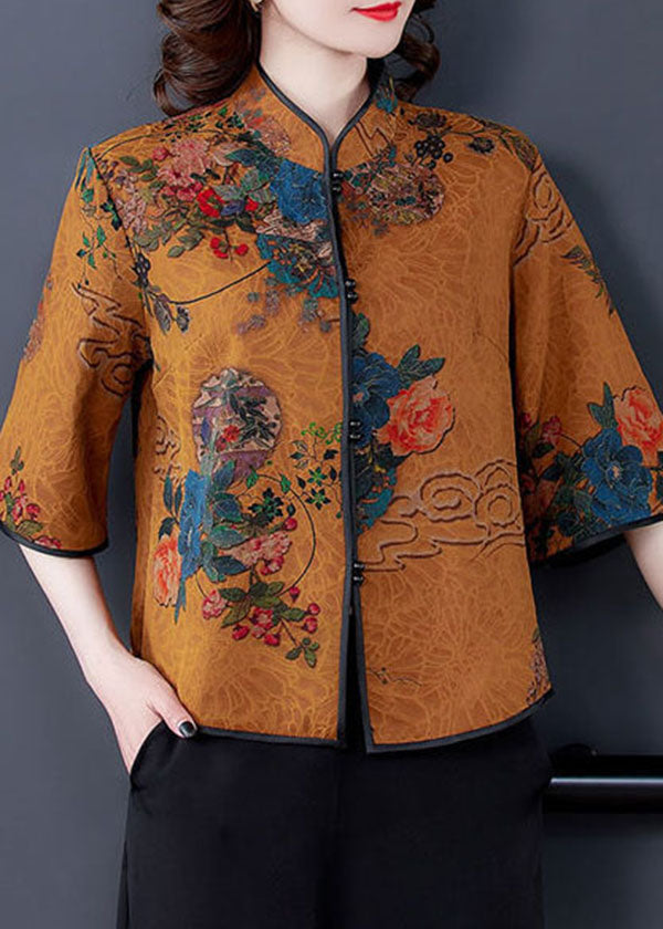 Chocolate Print Silk Chinese Style Shirts Mandarin Collar Half Sleeve