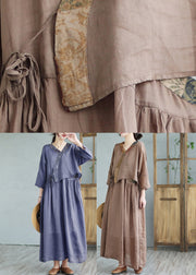 Coffee Print Tie Waist Linen Women Linen Top And Maxi Skirts Half Sleeve