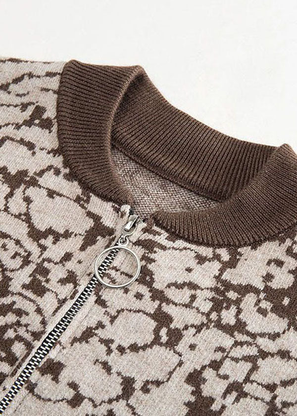 Chocolate Print Woolen Coats Zip Up Thick Long Sleeve
