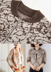 Chocolate Print Woolen Coats Zip Up Thick Long Sleeve