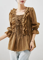 Coffee Silm Fit Cotton Shirt Tops Wrinkled Lace Up Fall