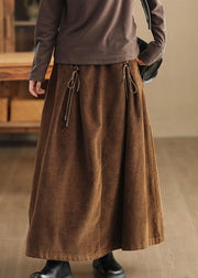 Coffee Solid Lace Up Corduroy Skirts High Waist
