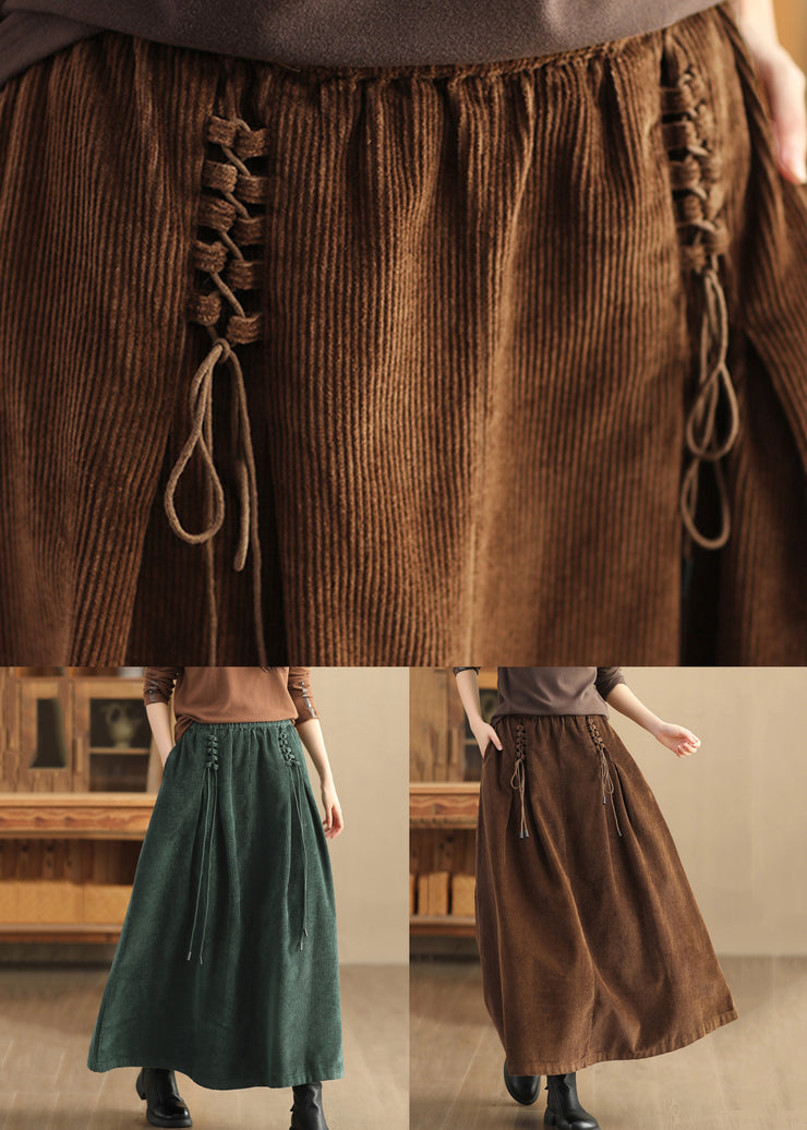 Coffee Solid Lace Up Corduroy Skirts High Waist