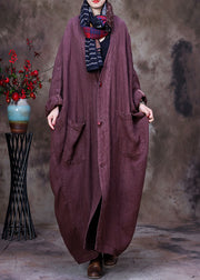 Chocolate Solid Linen Trench Coat V Neck Handmade Floral Long Sleeve