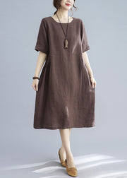 Chocolate Solid Original Design Pocket Linen Holiday Dress Short Sleeve