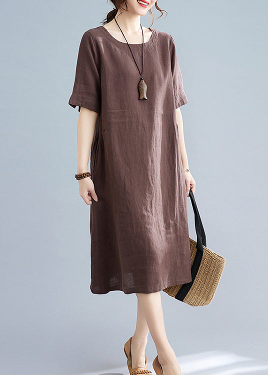 Chocolate Solid Original Design Pocket Linen Holiday Dress Short Sleeve