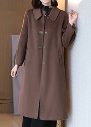 Coffee Solid Wool Coats Peter Pan Collar Long Sleeve