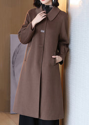 Coffee Solid Wool Coats Peter Pan Collar Long Sleeve