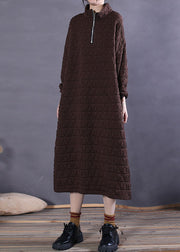 Chocolate Stand Collar Cotton Casual Long Dress Winter