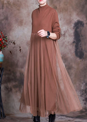 Chocolate Stand Collar Knit Dress Asymmetrical Spring