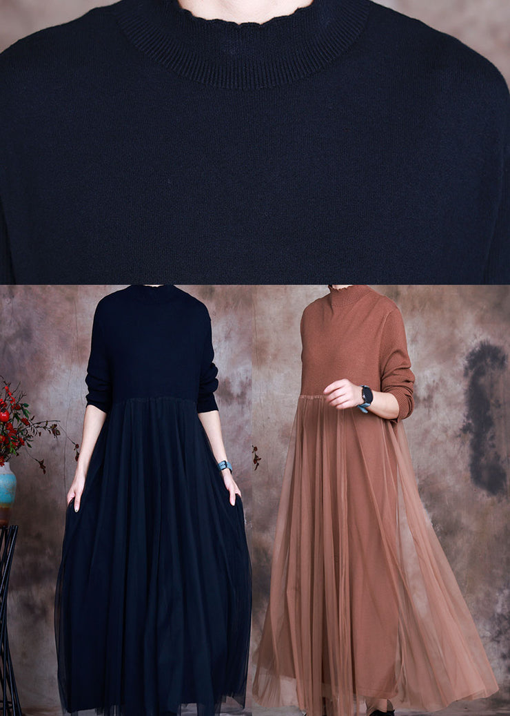Chocolate Stand Collar Knit Dress Asymmetrical Spring