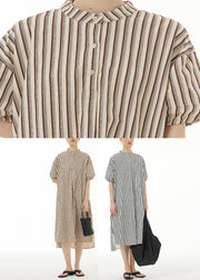 Coffee Stand Collar Low High Design Cotton Maxi Shirt Dress Short Sleeve