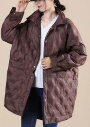 Chocolate Stand Collar Button Loose Winter Puffers Long Down Jacket