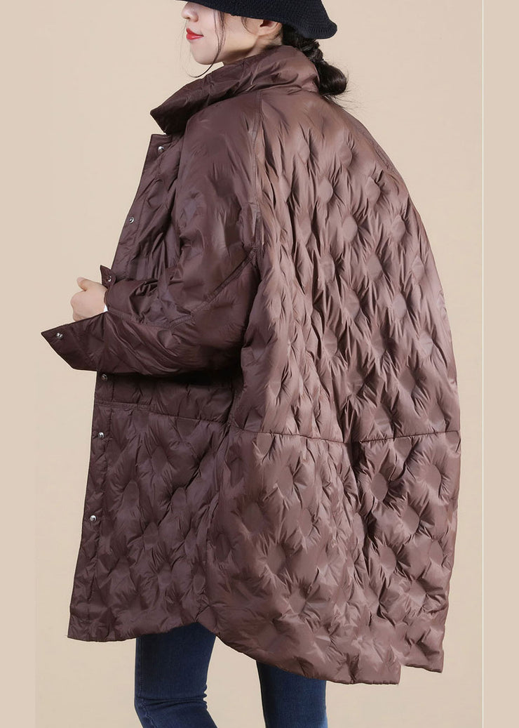 Chocolate Stand Collar Button Loose Winter Puffers Long Down Jacket