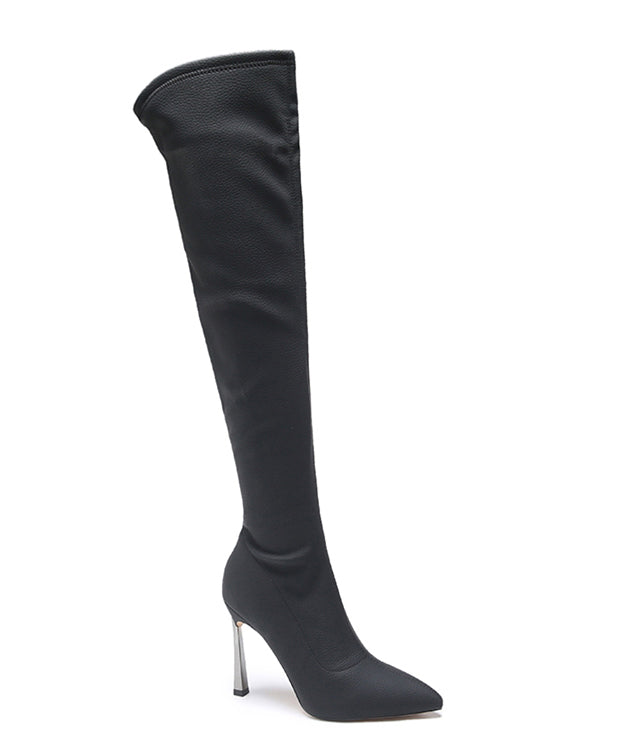 Coffee Stiletto Faux Leather Stylish Zippered Splicing Knee Boots