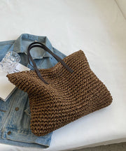 Coffee Straw Woven Satchel Bag Handbagdbag Patchwork Zip Up