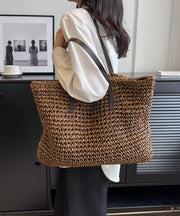Coffee Straw Woven Satchel Bag Handbagdbag Patchwork Zip Up