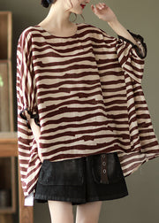 Chocolate Striped Cotton Pullover Ruffled Batwing Sleeve