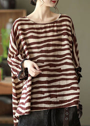 Chocolate Striped Cotton Pullover Ruffled Batwing Sleeve