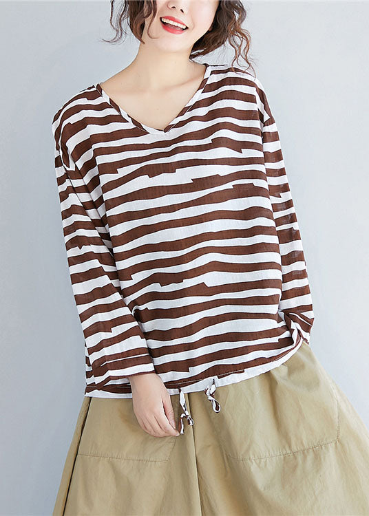 Chocolate Striped Cotton T Shirt Top V Neck Long Sleeve