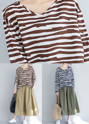Chocolate Striped Cotton T Shirt Top V Neck Long Sleeve