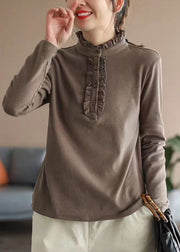 Chocolate Thick Cotton Tops Ruffled Slim Fit Spring