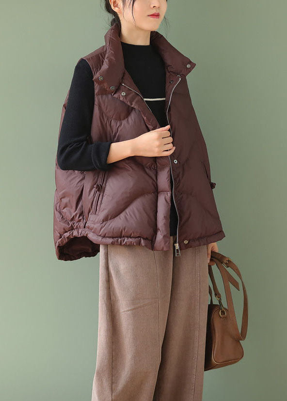 Chocolate Thick Duck Down Puffer Vests Stand Collar Oversized Winter