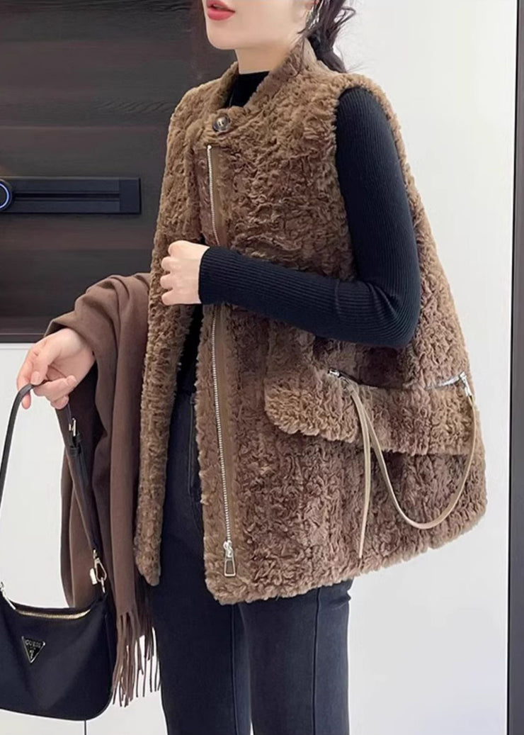 Coffee Thick Faux Fur Teddy Vests Zip Up Winter