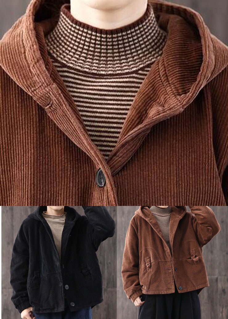 Chocolate Thick Fine Cotton Filled Corduroy Hooded Coat Winter