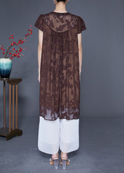 Coffee Tulle Holiday Dress V Neck Embroidered Summer