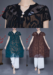 Coffee Tulle Holiday Dress V Neck Embroidered Summer
