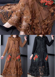 Chocolate Tulle Maxi Dress O-Neck Embroidered Spring