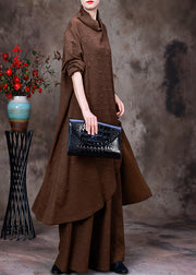 Chocolate Turtleneck Low High Design Silk Top And Wide Leg Pants Two Piece Set Fall