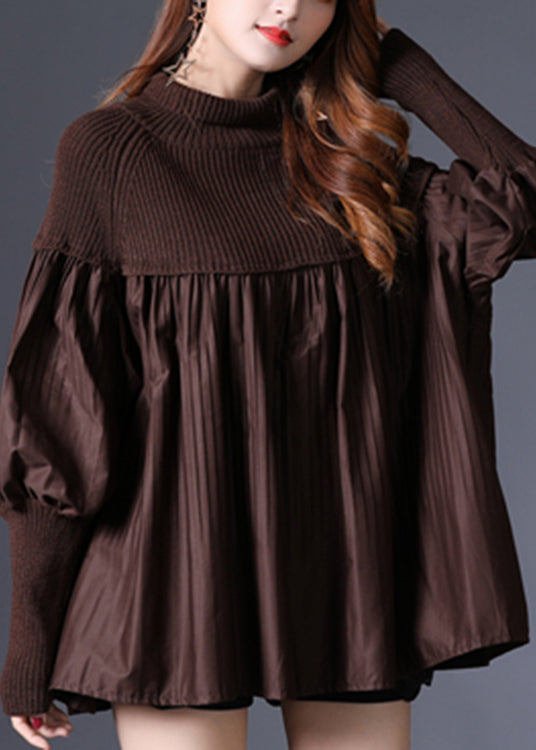 Chocolate Turtleneck Wrinkled Patchwork Knit Sweater Long Sleeve