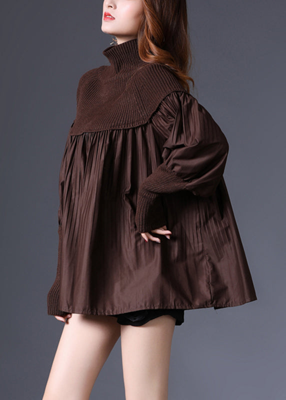 Chocolate Turtleneck Wrinkled Patchwork Knit Sweater Long Sleeve
