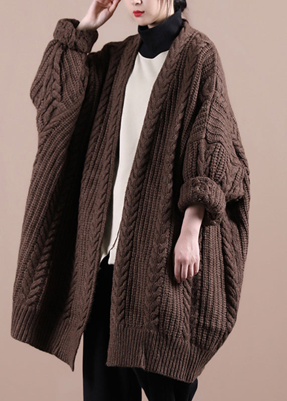 Chocolate V Neck Cable Knit Sweaters Coats Winter