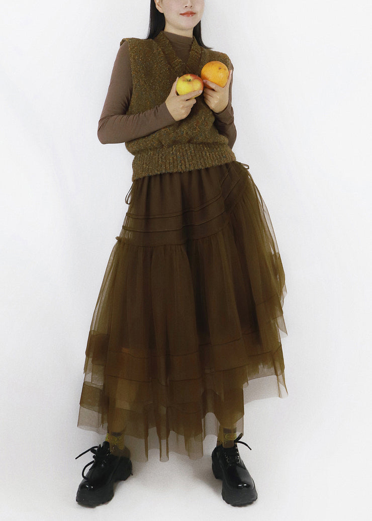 Chocolate V Neck Drawstring Tulle Patchwork Knit Long Dress Fall
