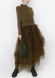 Chocolate V Neck Drawstring Tulle Patchwork Knit Long Dress Fall