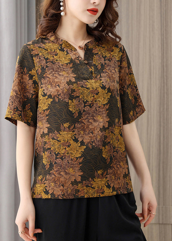 Chocolate Vintage Print Silk Blouse Top For Women O-Neck Button Short Sleeve