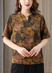 Chocolate Vintage Print Silk Blouse Top For Women O-Neck Button Short Sleeve
