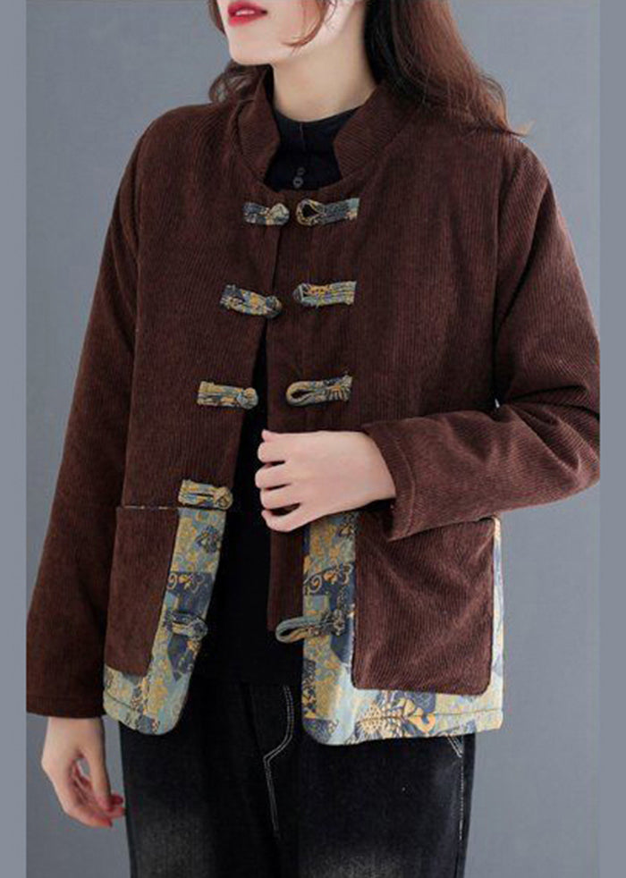 Coffee Warm Corduroy Coat Fleece Wool Lined Chinese Button Winter