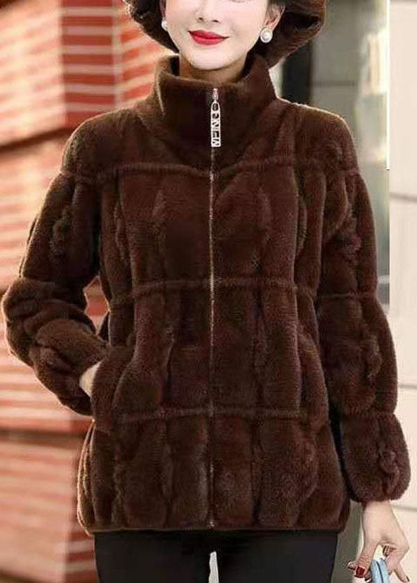 Chocolate Warm Mink Hair Knitted Jackets Zip Up Pockets Winter