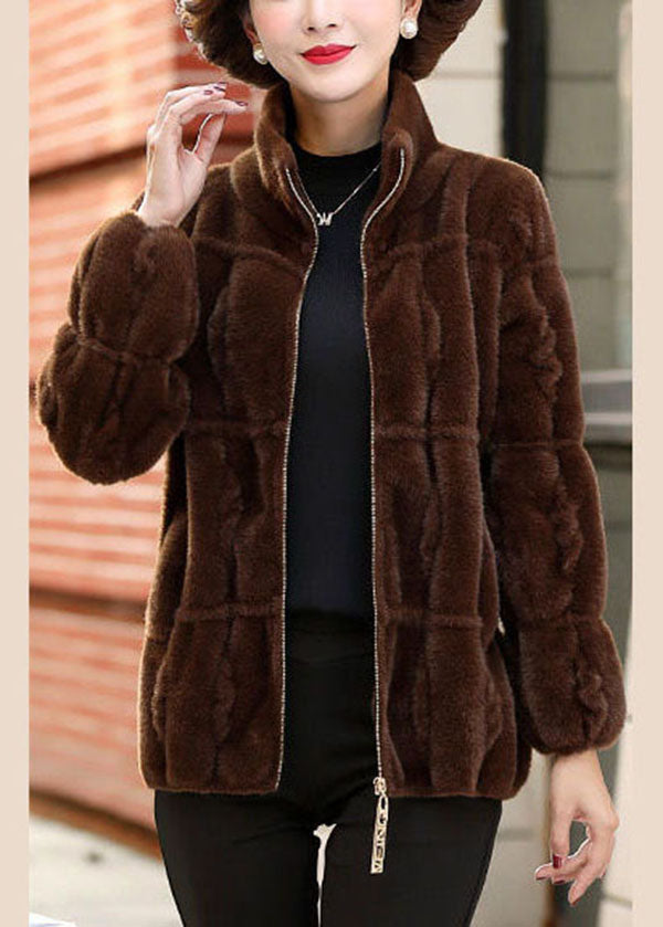 Chocolate Warm Mink Hair Knitted Jackets Zip Up Pockets Winter