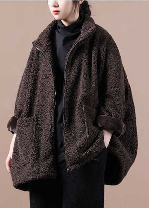 Chocolate Warm Teddy Faux Fur Loose Coats Zip Up Solid Batwing Sleeve