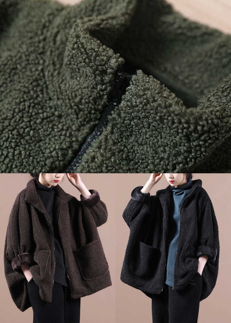 Chocolate Warm Teddy Faux Fur Loose Coats Zip Up Solid Batwing Sleeve