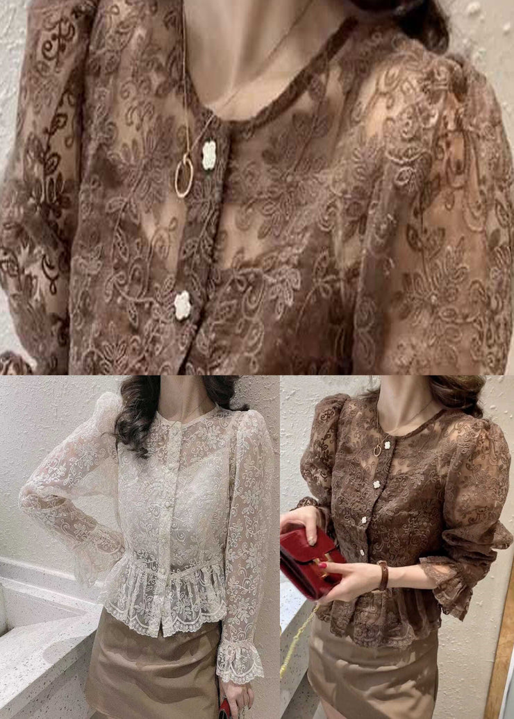 Chocolate Women Lace coat Spaghetti Strap top Sets two Pieces Ruffled flare sleeve